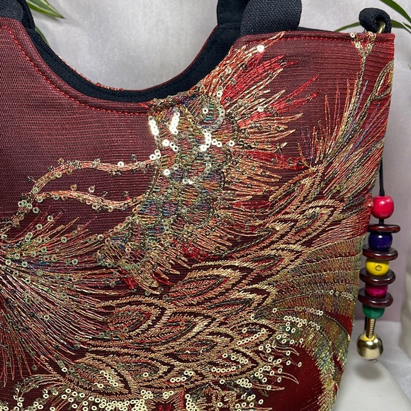 Hand Designed Red & Black Bag w/Peacock Embellishment - Picture 7 of 13